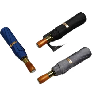 Factory Custom Logo 10K Automatic Three-Fold Travel Umbrella, Windproof, Wood Handle, Black Coating, Glass Fiber