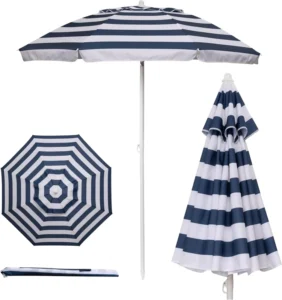 Factory Custom Printed Stripe Lightweight Compact Easy-Carry UPF 50+ Beach Umbrella with Logo
