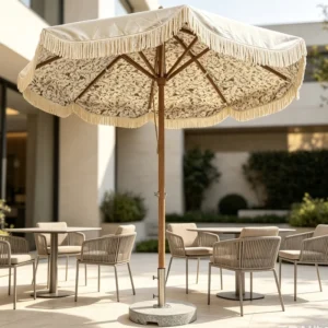 Factory Customize Center Pillar Aluminum Patio Umbrella with Tassel Wave Edge, Base, and Waterproof Outdoor Parasol