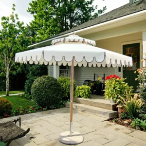Factory Direct Custom Printed Waterproof Sunshade Patio Umbrella with Iron Pole and Scalloped Design for Courtyard