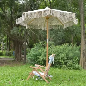 Factory Direct Macrame Outdoor Parasol Handwoven Cotton Rope Manual Sun Umbrella Wooden Handle for Patio Garden Terrace Tropical