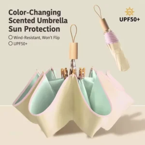 Factory Direct Solid Color Folding Wooden Handle Sun Rain Umbrella Color Coating UV Protection