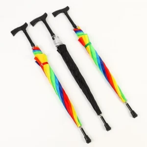Factory Direct Walking Stick Handle Umbrella, Cane Style, Black and Silver Rubber, Rainbow Color