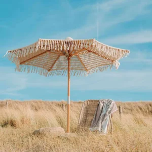 Factory Handcrafted Braided String Tassel Long-Handled Wooden Shaft Polyester Cord Outdoor Garden Courtyard Umbrella