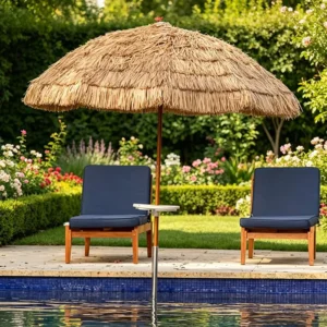 Factory Modern Foldable Waterproof Beach Umbrella Garden Patio Parasol with Fringe Hotel Use Wood Pole