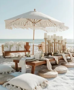 Factory Pavilion Boho Beach Umbrella with Tassels Aluminum Pole Outdoor Patio Sunshade for Wedding Party