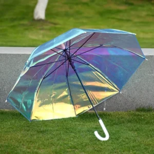 Factory Reflective Holographic Umbrella Transparent Rainbow Long Handle Rain Umbrella with Custom Logo
