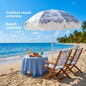 Factory Tassel Iron Polyester Beach Umbrella European Style Custom Print for Gardens and Patios