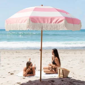 Factory Waterproof Boho Fringe Beach Umbrella Pink and White With Tassel