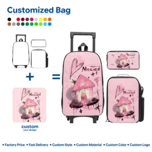 Fairy House Magic Print 3 in 1 Wheeled Backpack Set Girls Cute Rolling School Trolley Bag Lunch Box Pencil Case Custom Pattern