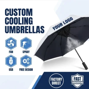 Fan Umbrella With Battery Water Spray Misting Function Outdoor Cooling Pongee UV Protection
