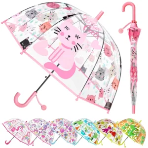 Fashion Straight Unicorn Flamingo Cartoon Theme Printing POE Transparent Kid Plastic Clear Dome Umbrellas for Children