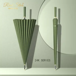 Fiberglass-Frame 24-Rib Large Straight Golf Umbrella, Plain Color, Windproof, Leather Handle