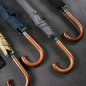 Fiberglass Windproof Curved Wooden Handle Custom Logo Long Straight Umbrella for Men