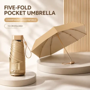 Five-Fold Pocket Umbrella, 15cm, Champagne Gold, Dual-Use Sun and Rain UV Protection, Compact Parasol