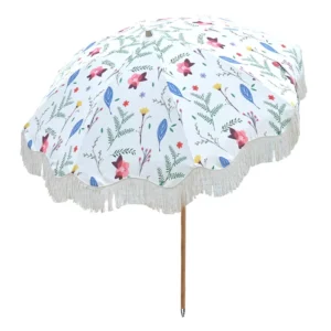 Floral Beach Umbrella with Tassel Trim Large Shade for Beach and Picnics