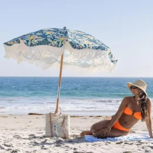 FloralPrint Fringed Patio Umbrella UV Shield Beach Parasol for Seaside Vacation Leisure Areas