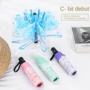 Flower Cherry Blossom 3-Fold Fully Automatic Transparent Folding Umbrella for Travel