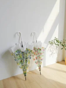 Flower POE Transparent Printing White Edge 8-Rib Straight Long-Handle Umbrella