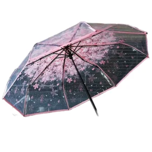 Flower-Printed Clear Transparent Three-Folding Umbrella for Girls