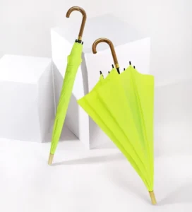 Fluorescent Green Auto-Open Straight Umbrella with Long Curved Handle