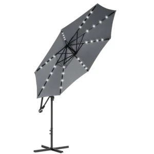 Foldable Outdoor Solar LED Patio Umbrella 8 Rib Garden Parasol with Crank Tilt UV Protection Waterproof Market Umbrella