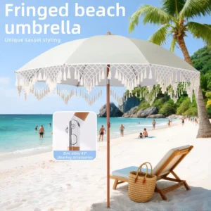 Foldable Waterproof Beach Umbrella with 8K Ribs, Tassels, and Artificial Woven Canopy