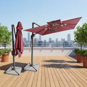 Foldable Waterproof Burgundy Patio Umbrella with Base and Sun Protection for Garden Beach Use