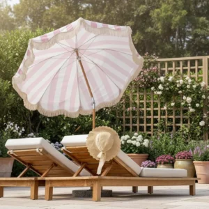 Foldable Waterproof Lightweight Patio Umbrella with Tassel Fringe and Resin Base for Beach, Park, and Garden Use