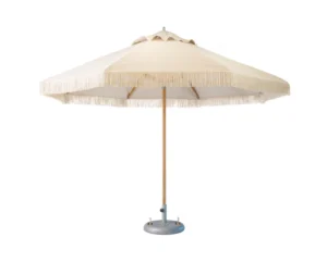 Foldable Waterproof Outdoor Beach Garden Wooden Patio Umbrella with Tassels Creamy White