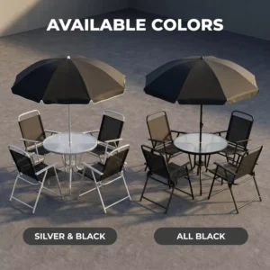 Foldable Waterproof UV-Resistant Metal Outdoor Patio Furniture Set, 6-Piece with 4 Chairs, Table and Umbrella