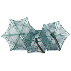 Folding Nylon Fishing Net Trap Cage, Green, 6 Holes, for Small Fish and River Fishing