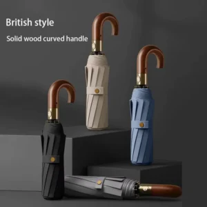 Folding Umbrella Solid Wood Curved Handle British Style Windproof Sun Rain