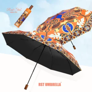 Folding Women’s Umbrella Retro Chinese Pattern Black Coating UV Protection Wood Handle