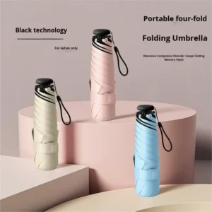 Four-Fold Folding Umbrella with Black Rubber Sunscreen Coating and Spot Printing