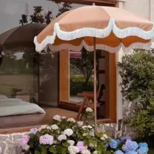 Free Logo Wooden Pole Canvas Waterproof Patio Swimming Pool Sun Garden Beach Outdoor Parasols Umbrella With Tassels