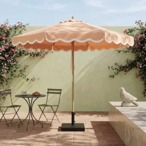 French Style Wooden Outdoor Patio Umbrella with Steel Base Waterproof & UV Resistant for Garden and Outdoor Furniture