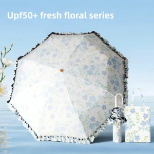 French-style Floral-Print ROMAN Design Manual Folding Umbrella Glass Fiber Ribs UPF 50+ UV-Protective Travel Corporate Adults