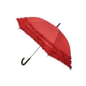 Frilly Lace Edge Piping Durable Waterproof Curved Handle Straight Stick Wedding Umbrellas