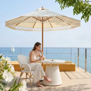 Fringe Decorated Aluminum Center Pole Umbrella Outdoor Patio Parasol for Courtyard Swimming Pool Beach Hotel Terrace and Wedding