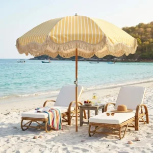 Fringed Outdoor Beach Umbrella UPF 50+ UV Protection Eco-Friendly Aluminum Pole 0.9m Radius