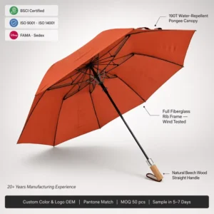 Full Fiberglass 2-Fold Compact Umbrella with Warm Terracotta Wood Handle and Copper Wrist Loop Italian Style Travel
