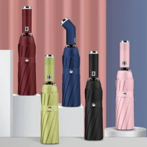 Fully Automatic 3-Fold Umbrella with LED Flashlight, Rotating Light, Anti-UV Plastic, Custom Logo Business Gift