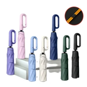 Fully Automatic 3-Fold Windproof Nylon Travel Umbrella with Reinforced Ring Clasp for Adults
