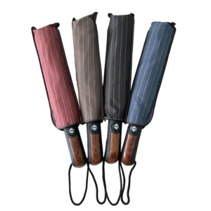 Fully Automatic 3-Fold Windproof Umbrella with Solid Wood Handle and Custom Logo