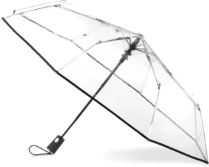 Fully Automatic 42-Inch Foldable Clear Travel Umbrella with Rubber-Coated Handle