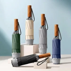 Fully Automatic Anti-Rebound Folding Umbrella Wooden Handle Sun Rain Protection