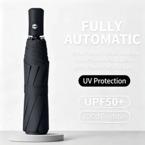 Fully Automatic Folding Sun and Rain Umbrella Black Vinyl with Logo Printing