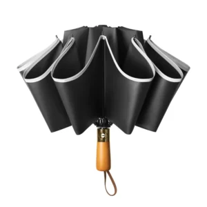 Fully Automatic Large Three Fold Reverse Umbrella Wooden Handle 10 Rib All Weather Black Coated Sun Protection
