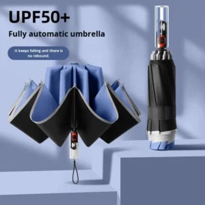 Fully Automatic Men’s Business Folding Umbrella Reverse Black Coating UV Protection Classic Design 10-Rib Alloy